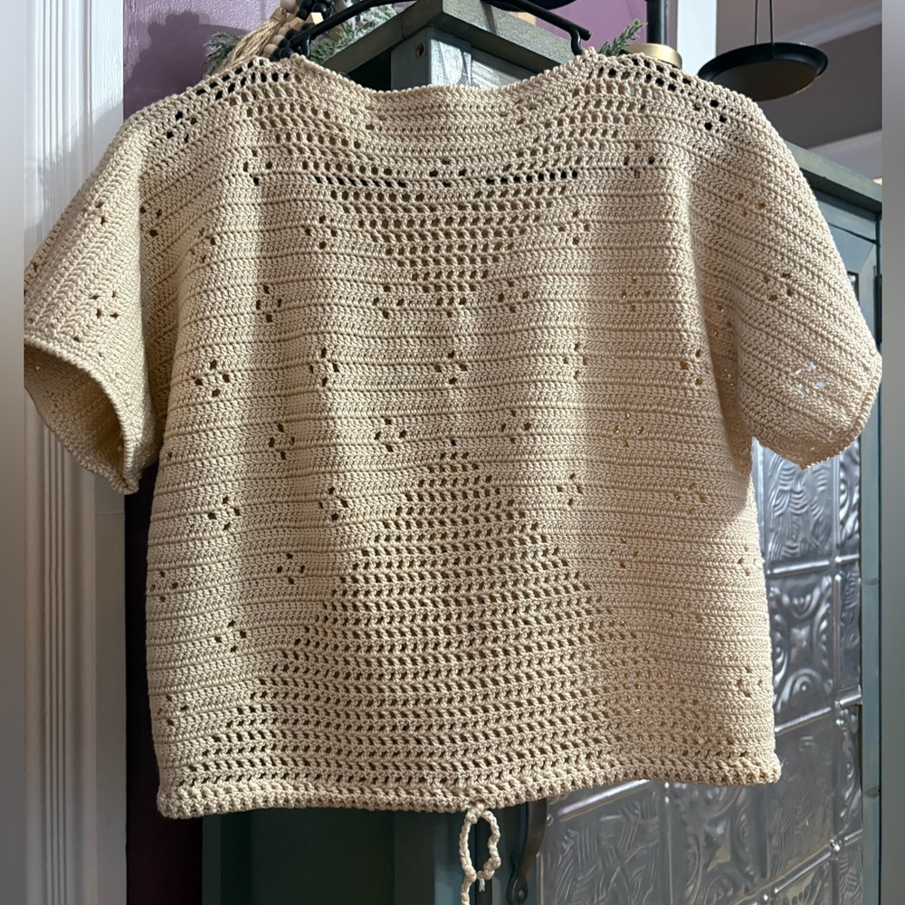 Hand-Crocheted Short Sleeve Pullover Top - Cream